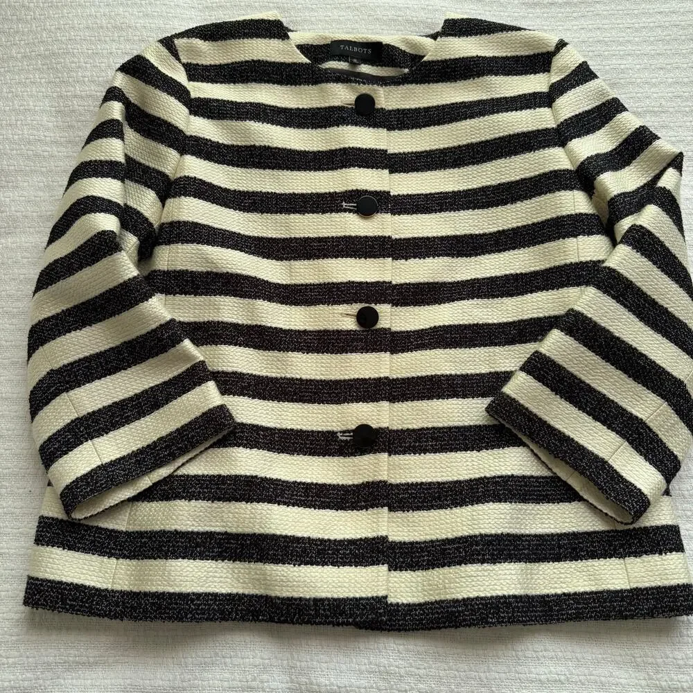 Size 16 Talbots Black and Cream Striped Jacket with 3/4 Sleeves